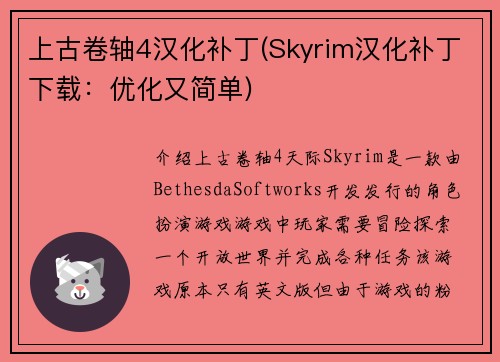 上古卷轴4汉化补丁(Skyrim汉化补丁下载：优化又简单)